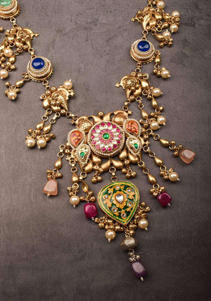 Laquer pendant  with Peacock units with pink white green stones Necklace Set