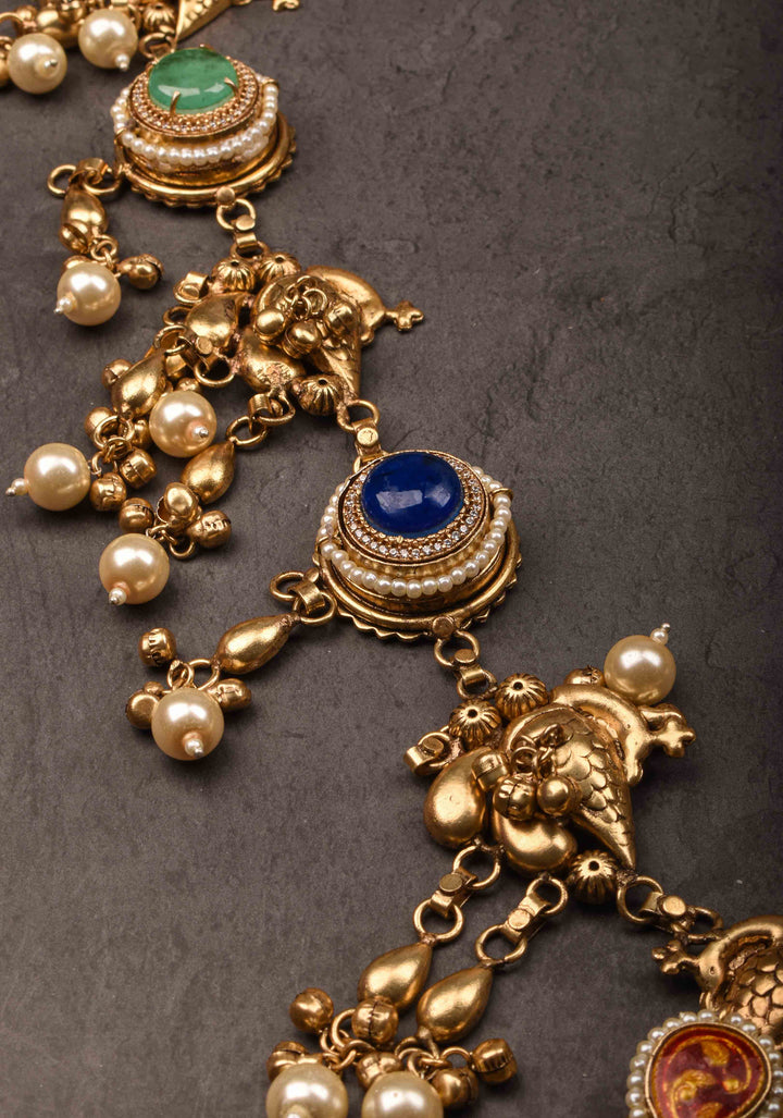 Laquer pendant  with Peacock units with pink white green stones Necklace Set