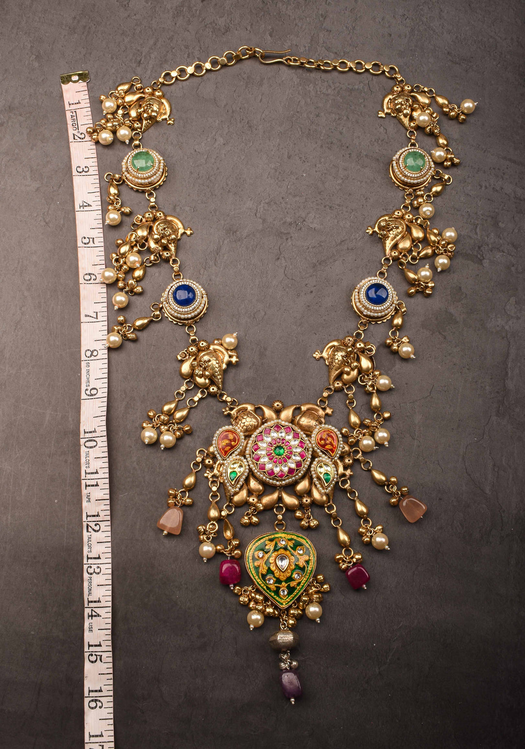 Laquer pendant  with Peacock units with pink white green stones Necklace Set