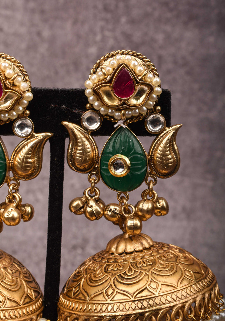 Jadau Jhumkas with Pink stones and Dangling Pearls | Shobitam Jewelry