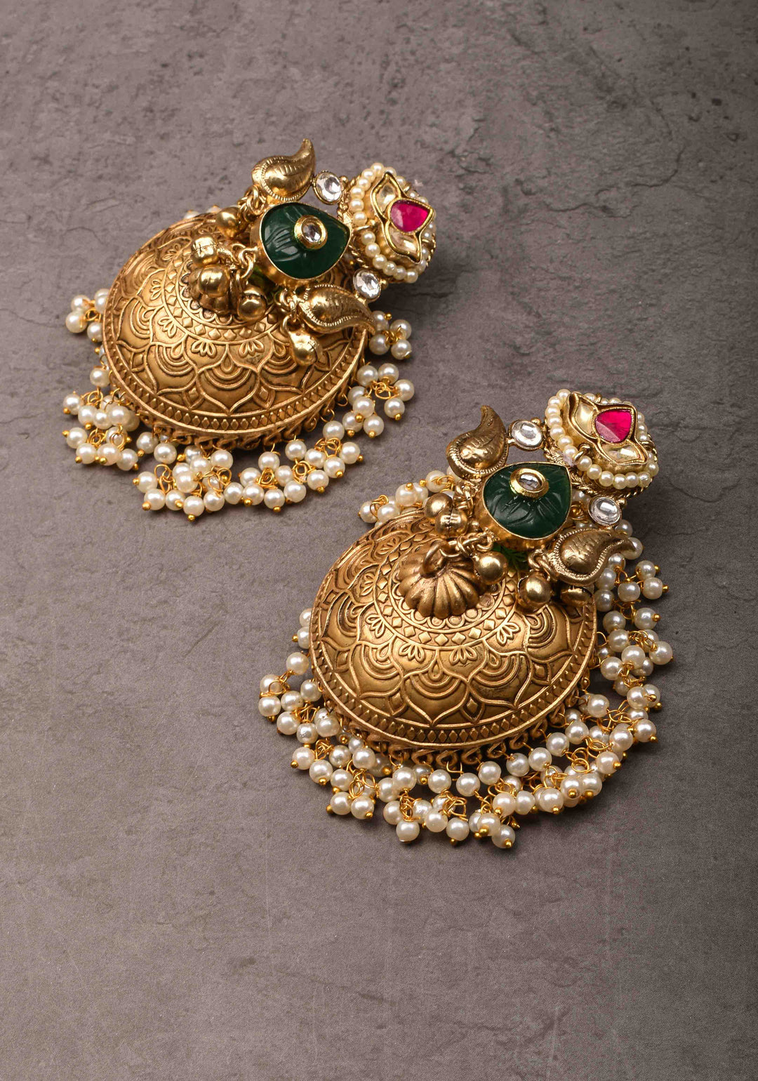 Jadau Jhumkas with Pink stones and Dangling Pearls | Shobitam Jewelry