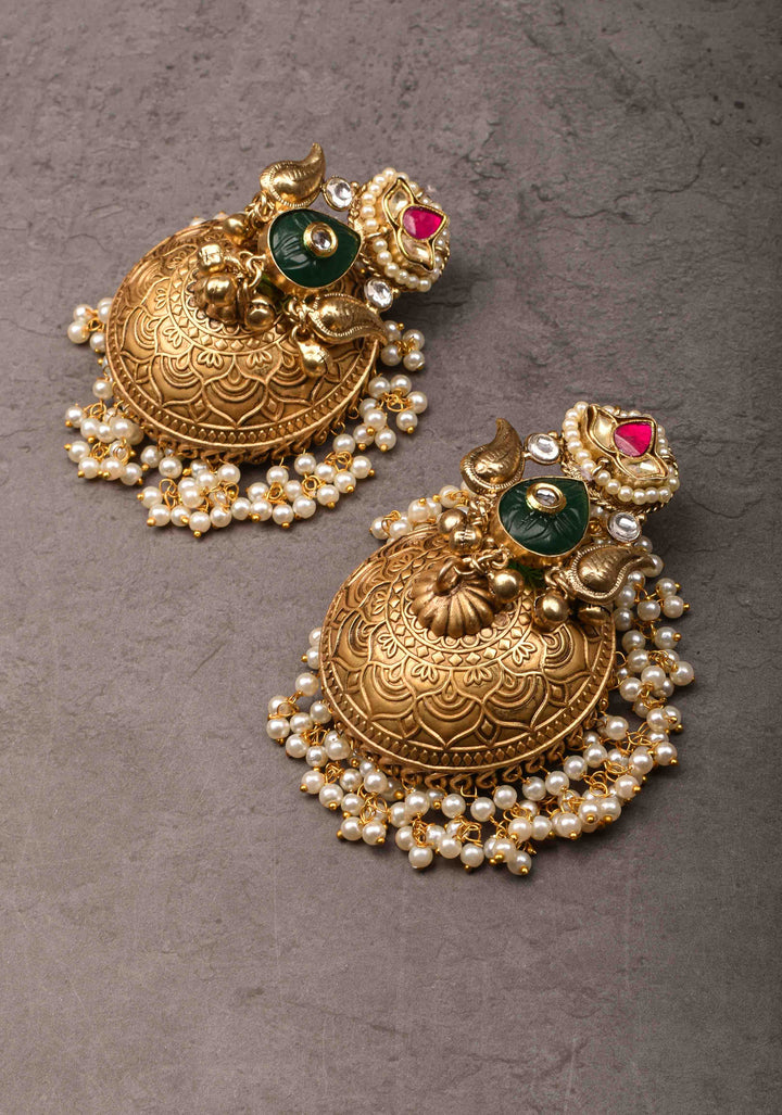 Jadau Jhumkas with Pink stones and Dangling Pearls | Shobitam Jewelry