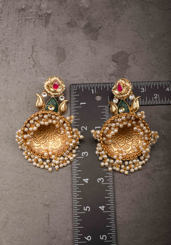 Jadau Jhumkas with Pink stones and Dangling Pearls | Shobitam Jewelry
