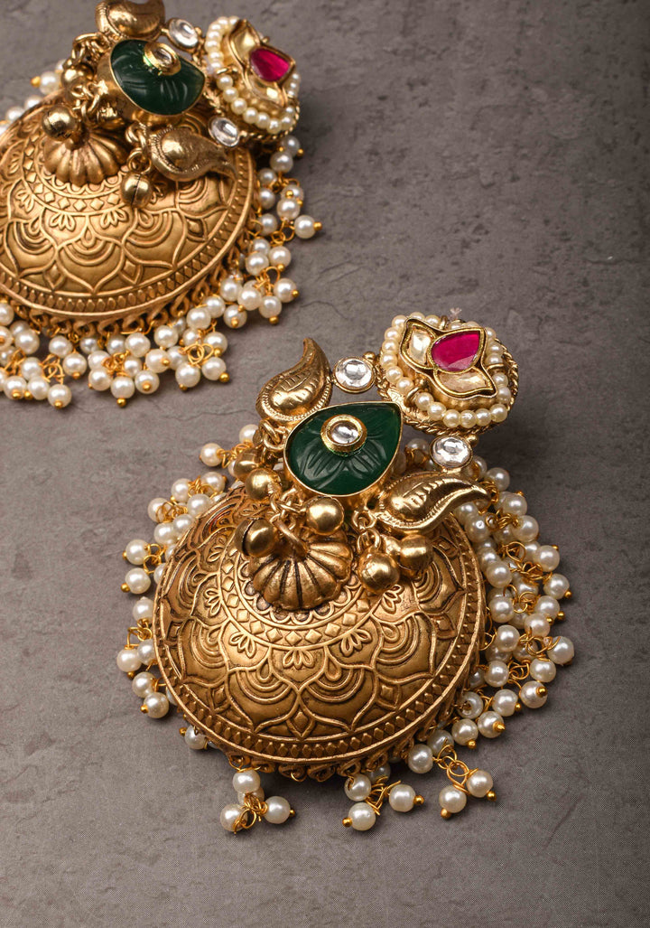 Jadau Jhumkas with Pink stones and Dangling Pearls | Shobitam Jewelry