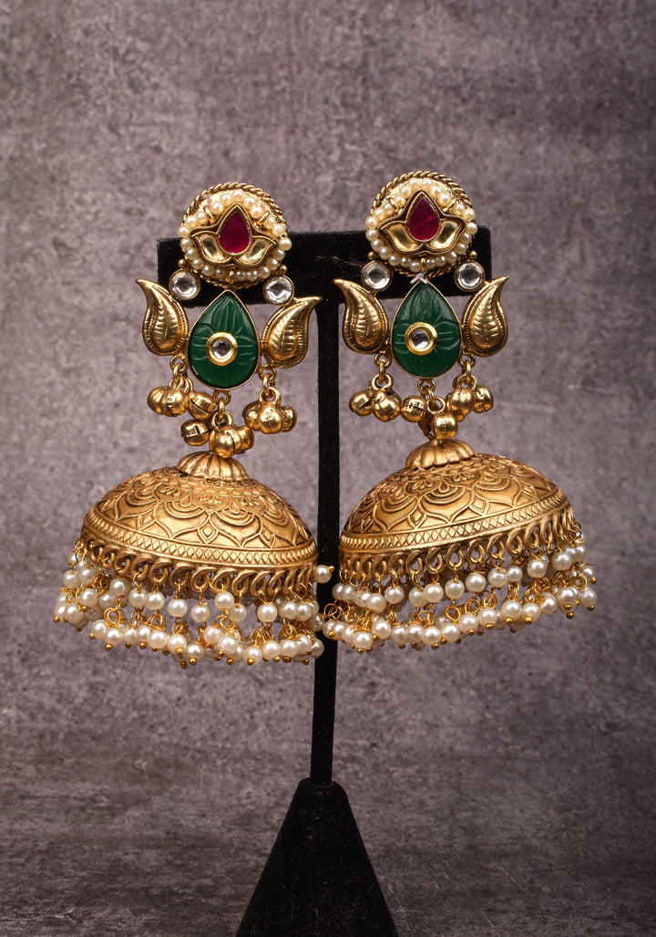 Jadau Jhumkas with Pink stones and Dangling Pearls | Shobitam Jewelry
