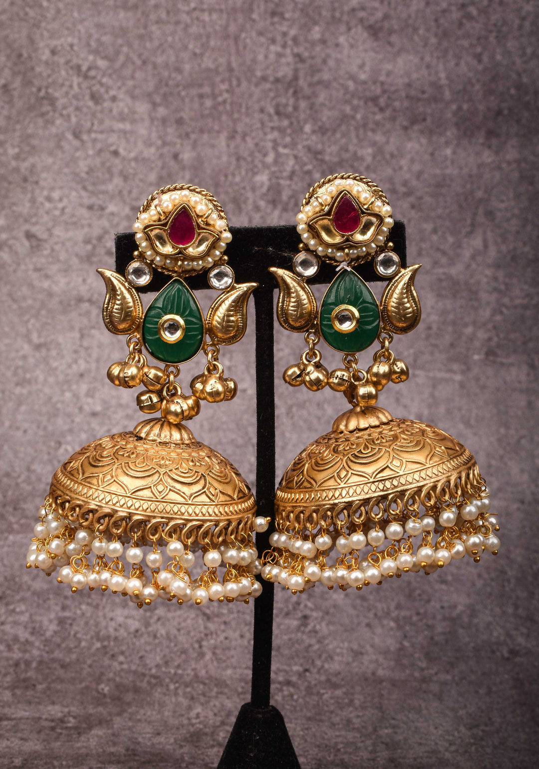 Jadau Jhumkas with Pink stones and Dangling Pearls | Shobitam Jewelry