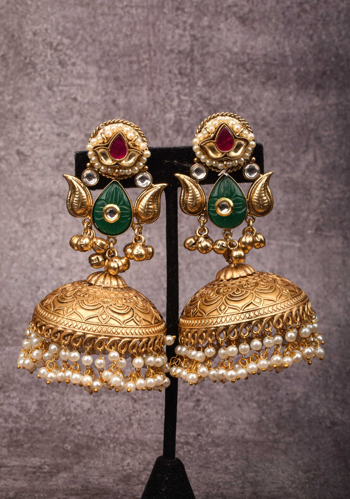 Jadau Jhumkas with Pink stones and Dangling Pearls | Shobitam Jewelry