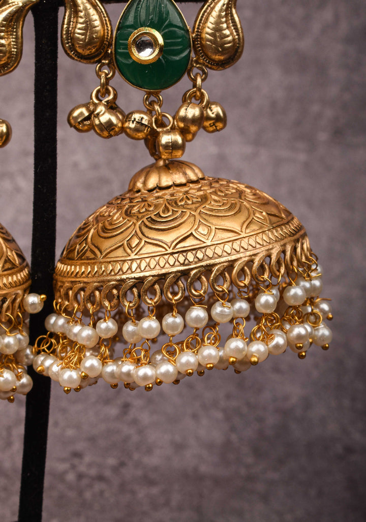 Jadau Jhumkas with Pink stones and Dangling Pearls | Shobitam Jewelry