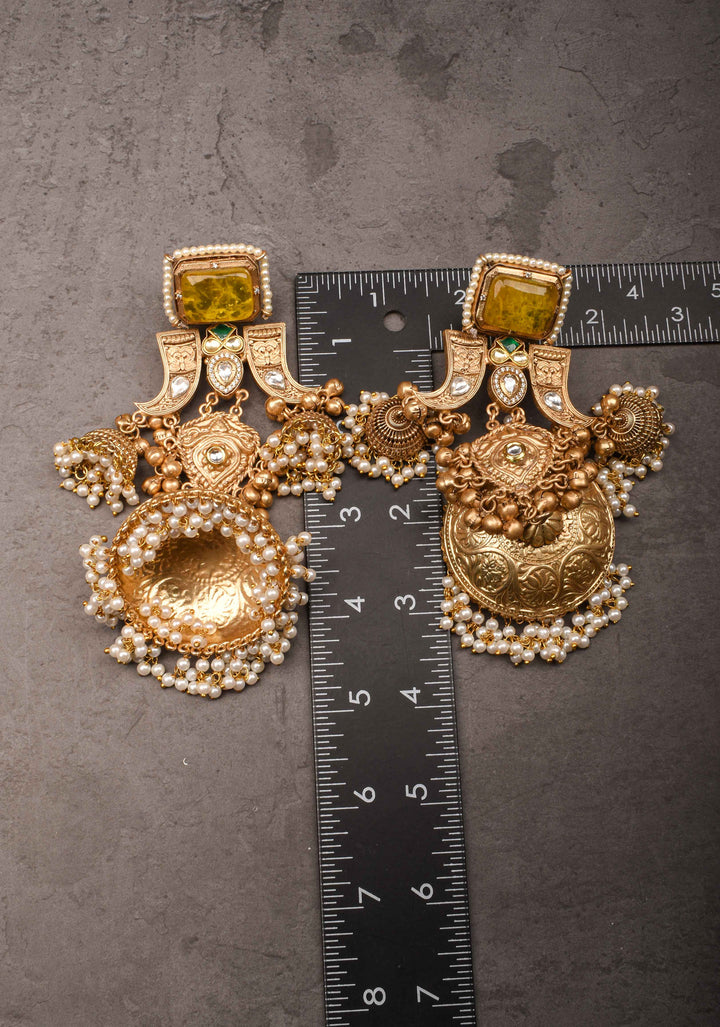 Tiger Claw design Gold tone Jhumka Earrings with Green White Yellow Stones