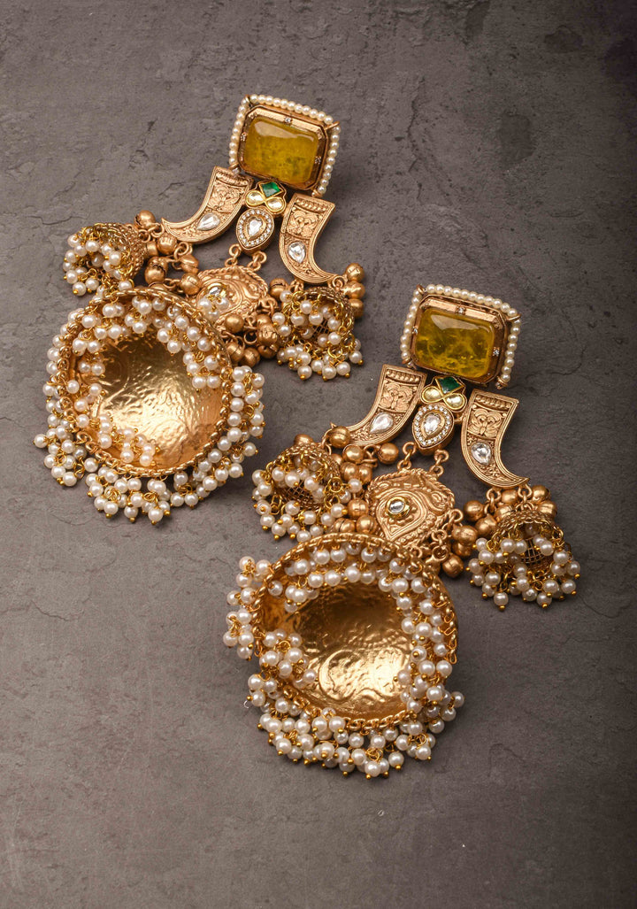 Tiger Claw design Gold tone Jhumka Earrings with Green White Yellow Stones