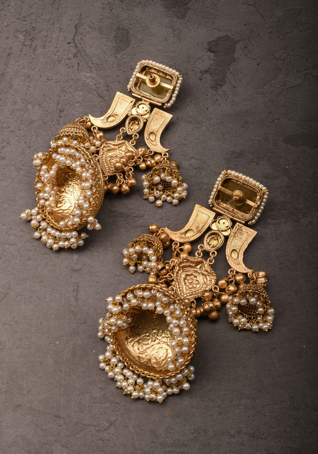 Tiger Claw design Gold tone Jhumka Earrings with Green White Yellow Stones