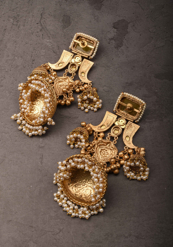 Tiger Claw design Gold tone Jhumka Earrings with Green White Yellow Stones