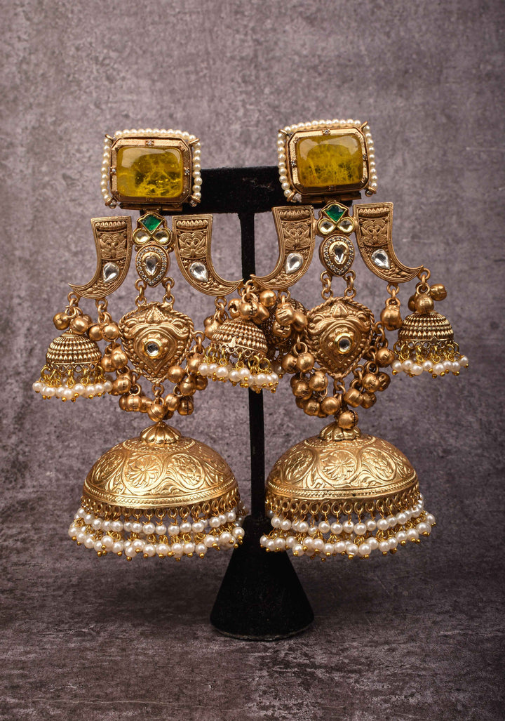Tiger Claw design Gold tone Jhumka Earrings with Green White Yellow Stones