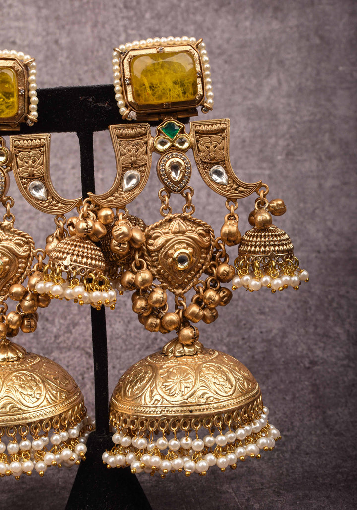 Tiger Claw design Gold tone Jhumka Earrings with Green White Yellow Stones