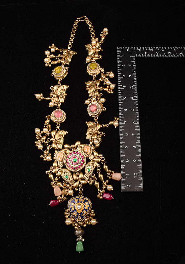 Laquer pendant  with Peacock units with pink white green stones Necklace Set