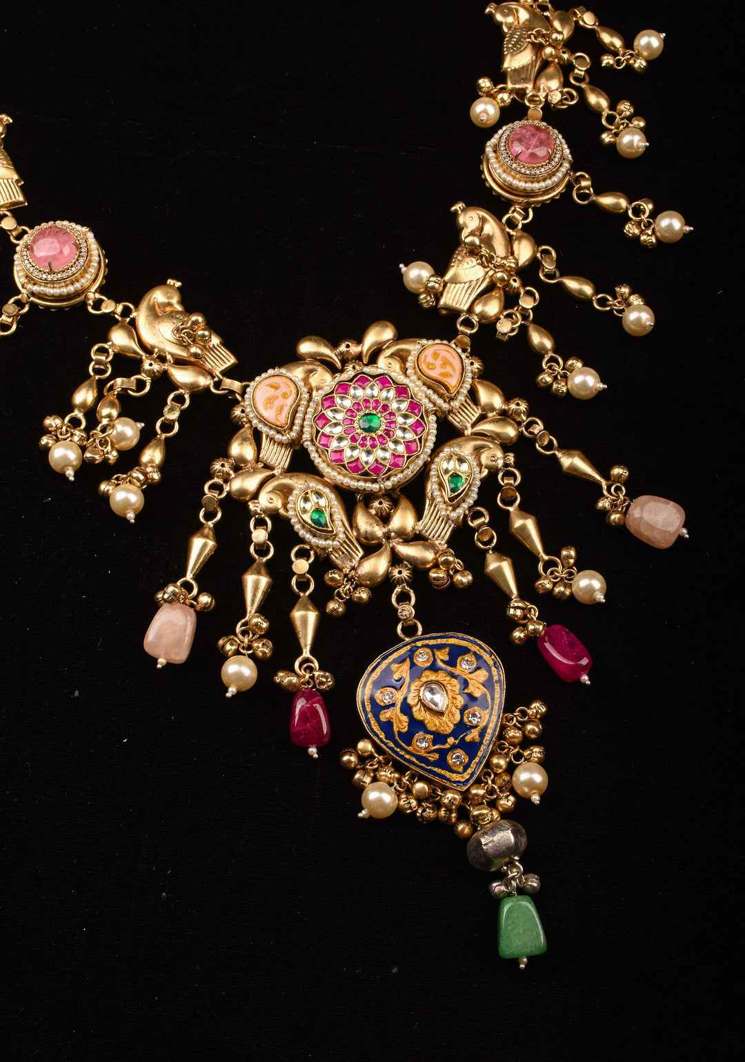 Laquer pendant  with Peacock units with pink white green stones Necklace Set