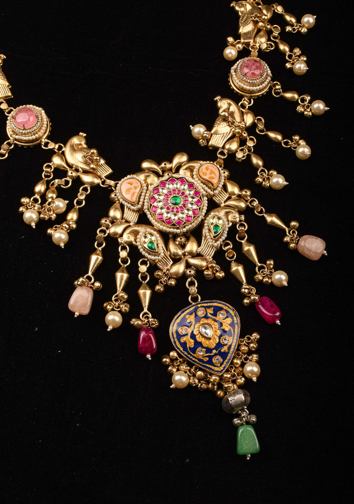 Laquer pendant  with Peacock units with pink white green stones Necklace Set