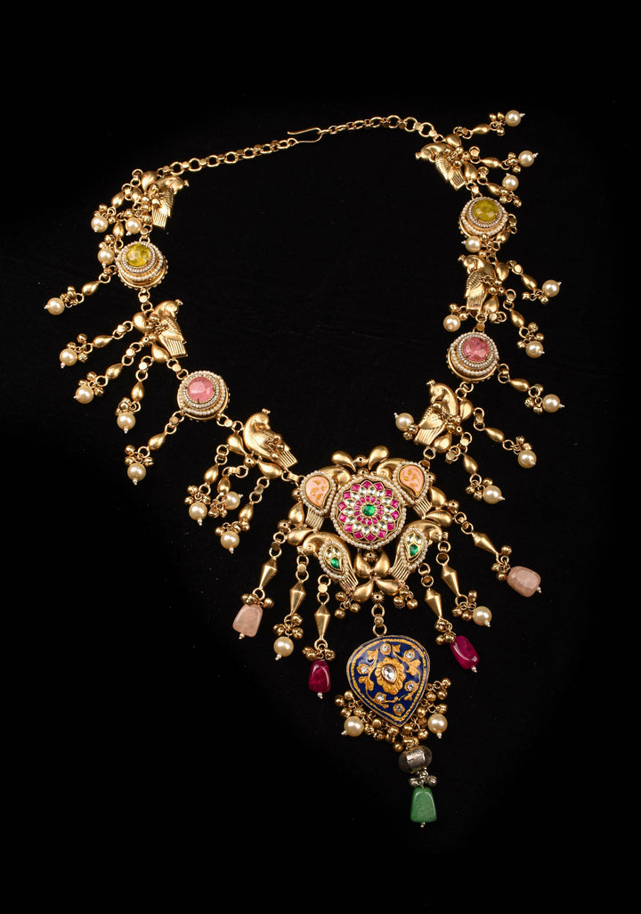 Laquer pendant  with Peacock units with pink white green stones Necklace Set