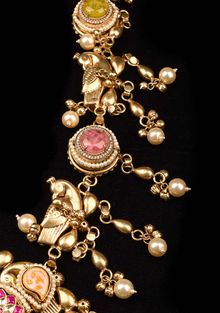 Laquer pendant  with Peacock units with pink white green stones Necklace Set