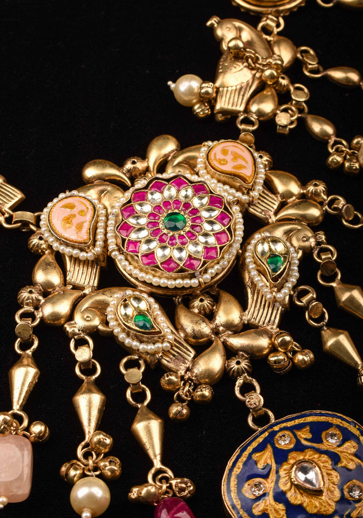Laquer pendant  with Peacock units with pink white green stones Necklace Set