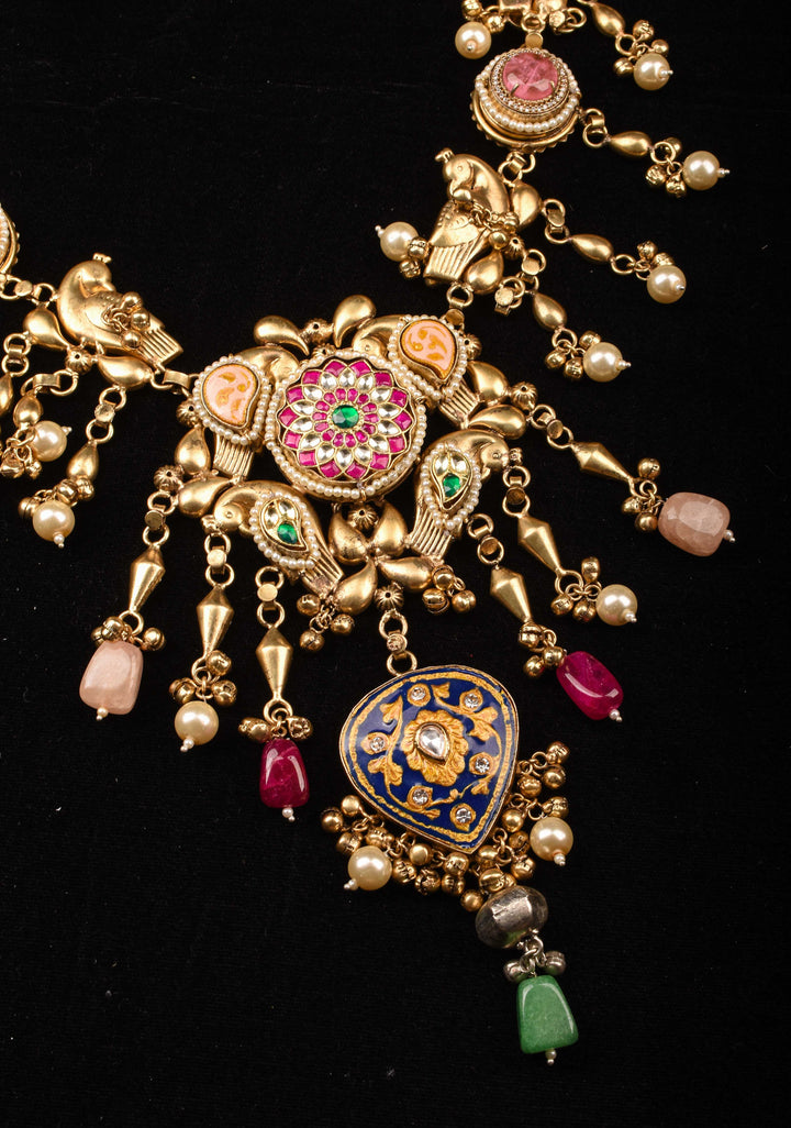 Laquer pendant  with Peacock units with pink white green stones Necklace Set