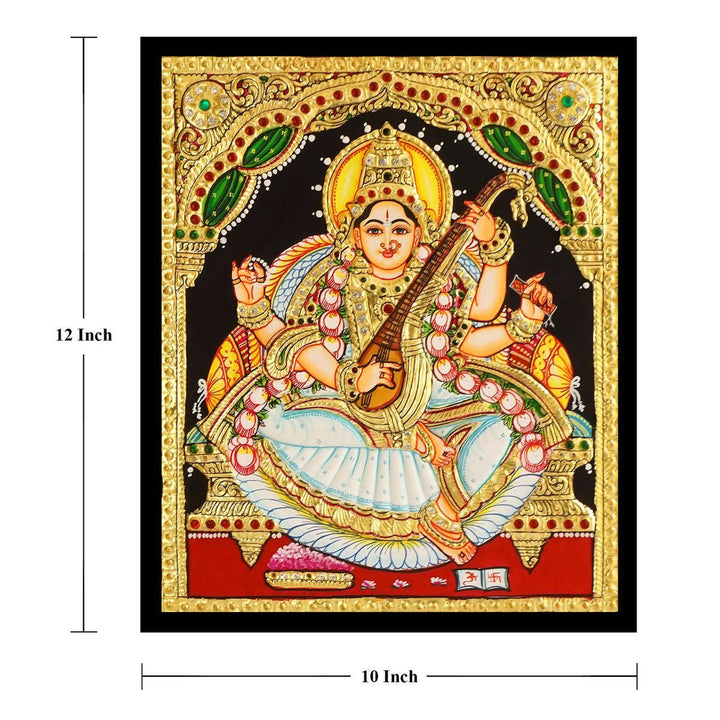 12x10" Tanjore Painting Saraswathi  Authentic With 22 Ct gold Foil and Jaipur Gemstones ,Unframed | SHOBITAM