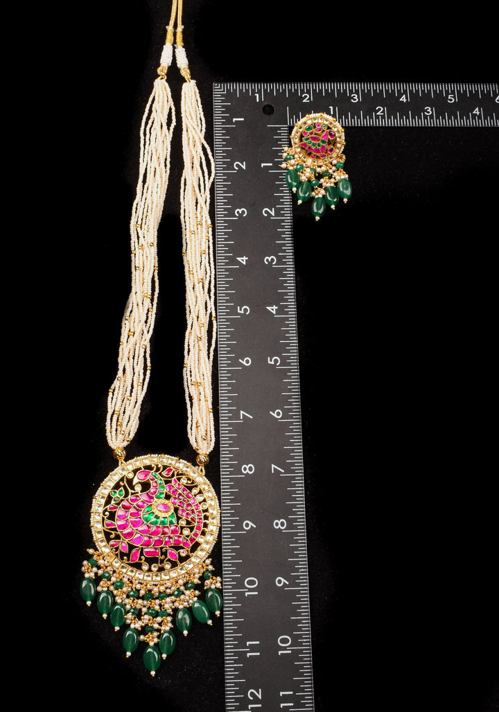 Ahmedabadi Kundan Necklace Set with white Multistrand beads and  peacock pendant | Shobitam Jewelry