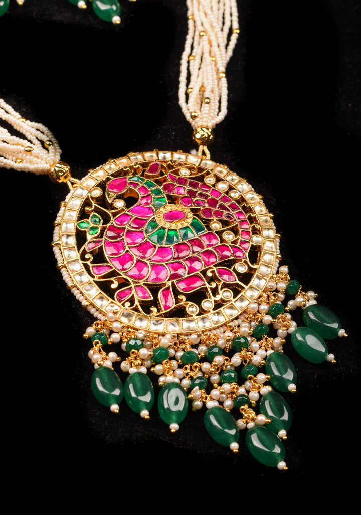 Ahmedabadi Kundan Necklace Set with white Multistrand beads and  peacock pendant | Shobitam Jewelry