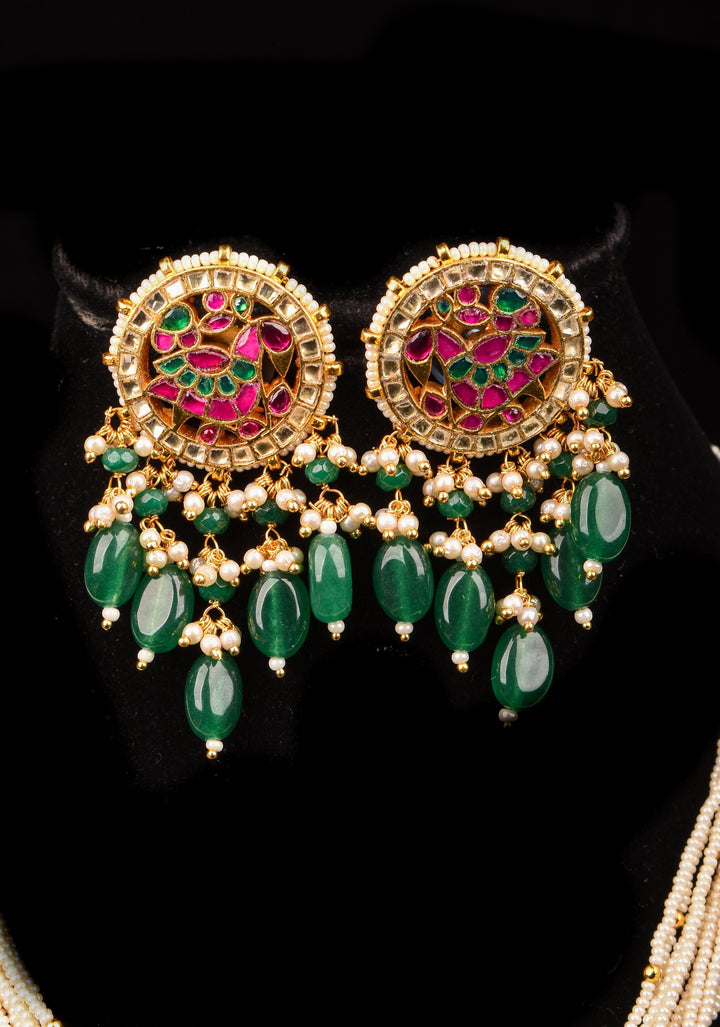 Ahmedabadi Kundan Necklace Set with white Multistrand beads and  peacock pendant | Shobitam Jewelry