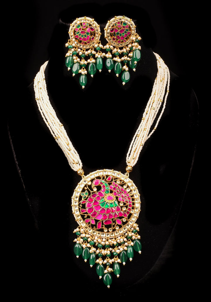 Ahmedabadi Kundan Necklace Set with white Multistrand beads and  peacock pendant | Shobitam Jewelry