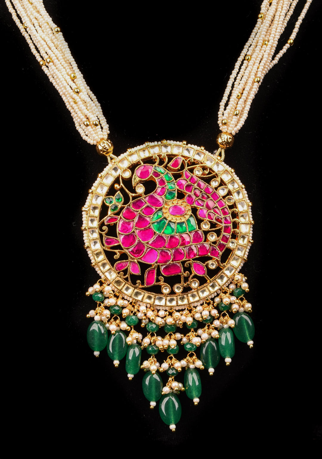 Ahmedabadi Kundan Necklace Set with white Multistrand beads and  peacock pendant | Shobitam Jewelry