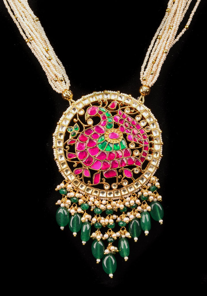 Ahmedabadi Kundan Necklace Set with white Multistrand beads and  peacock pendant | Shobitam Jewelry