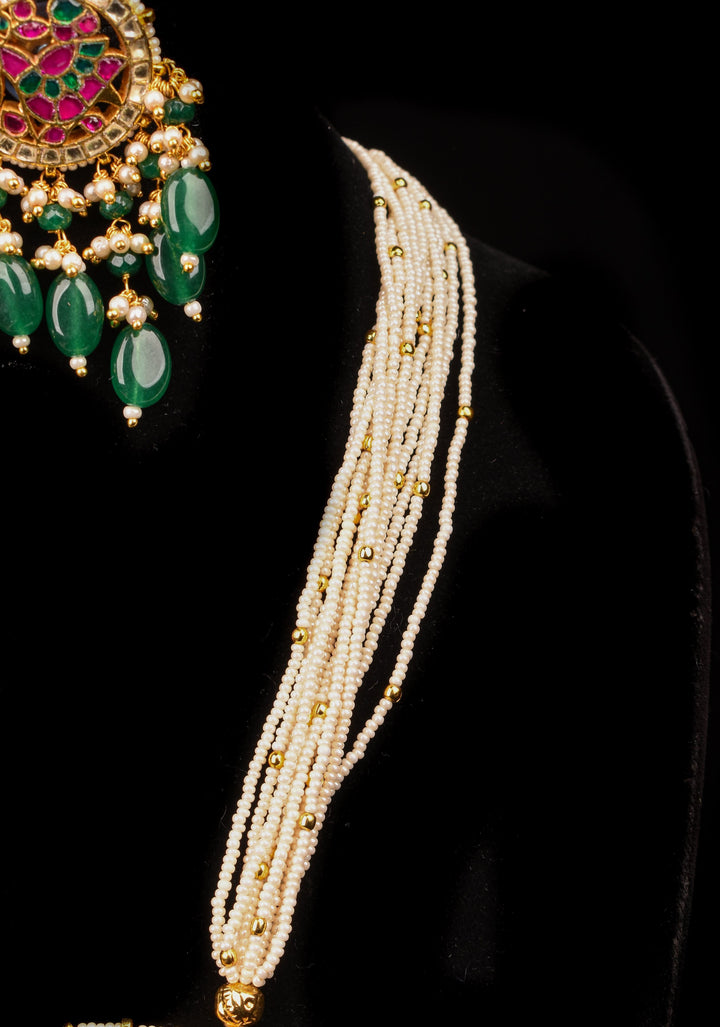 Ahmedabadi Kundan Necklace Set with white Multistrand beads and  peacock pendant | Shobitam Jewelry