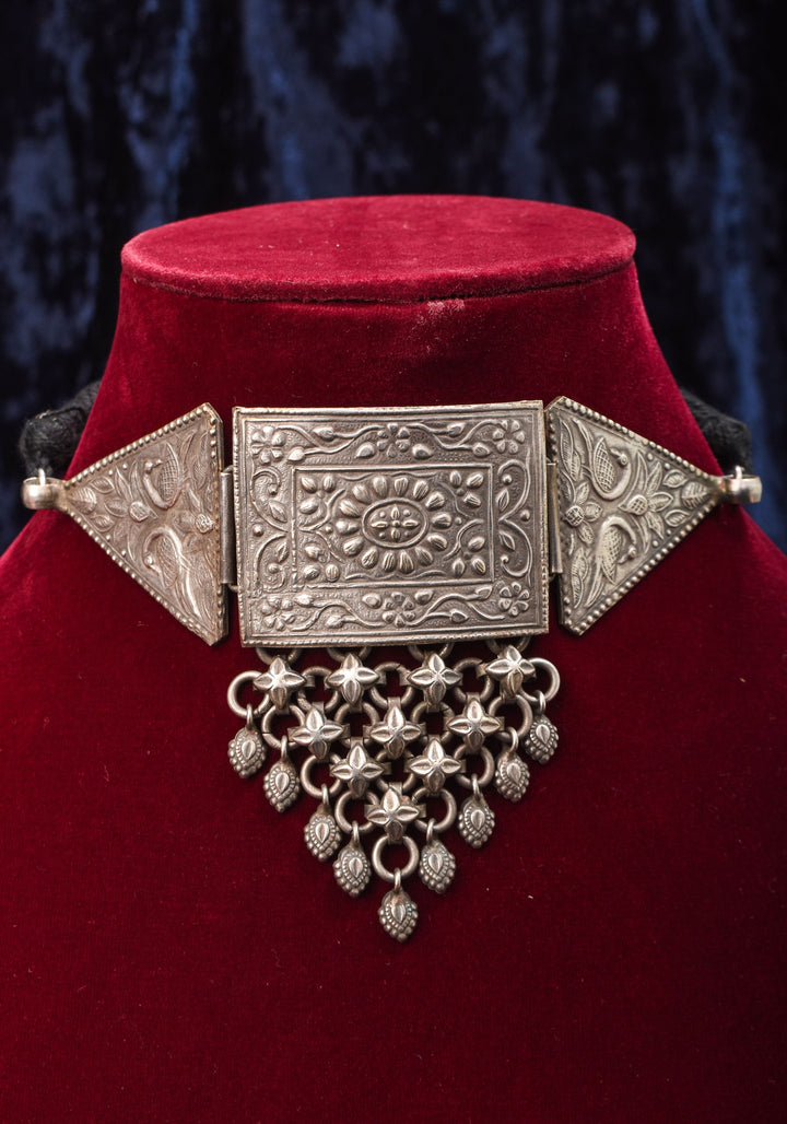 Antique Geometric Oxidised Choker Necklace in silver finish with Black Thread  | Shobitam Jewelry