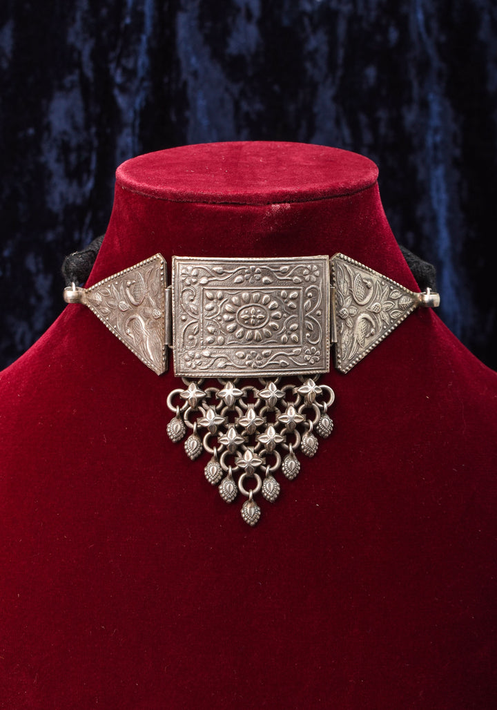Antique Geometric Oxidised Choker Necklace in silver finish with Black Thread  | Shobitam Jewelry