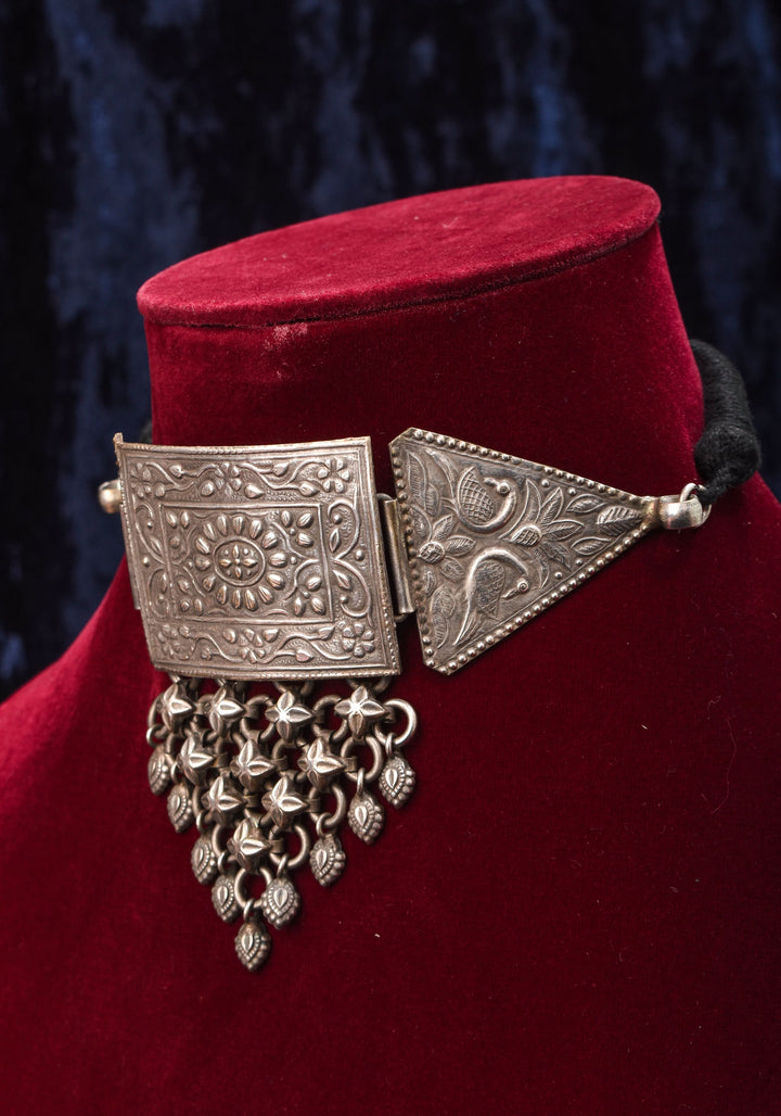 Antique Geometric Oxidised Choker Necklace in silver finish with Black Thread  | Shobitam Jewelry