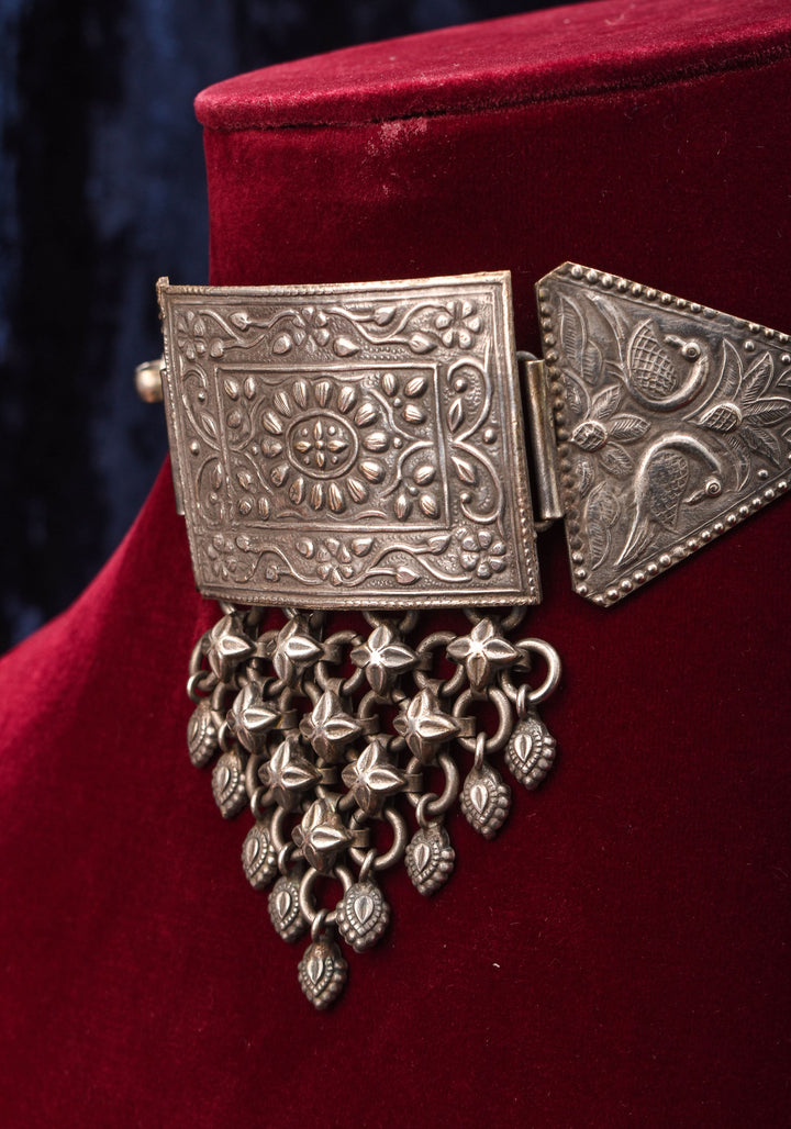 Antique Geometric Oxidised Choker Necklace in silver finish with Black Thread  | Shobitam Jewelry