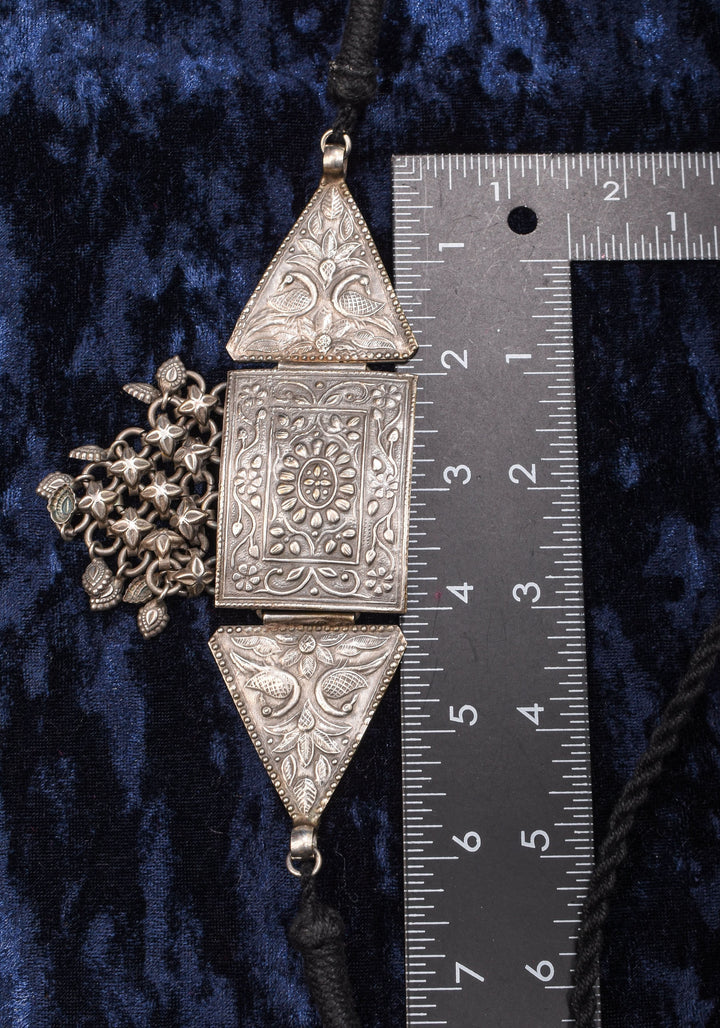 Antique Geometric Oxidised Choker Necklace in silver finish with Black Thread  | Shobitam Jewelry