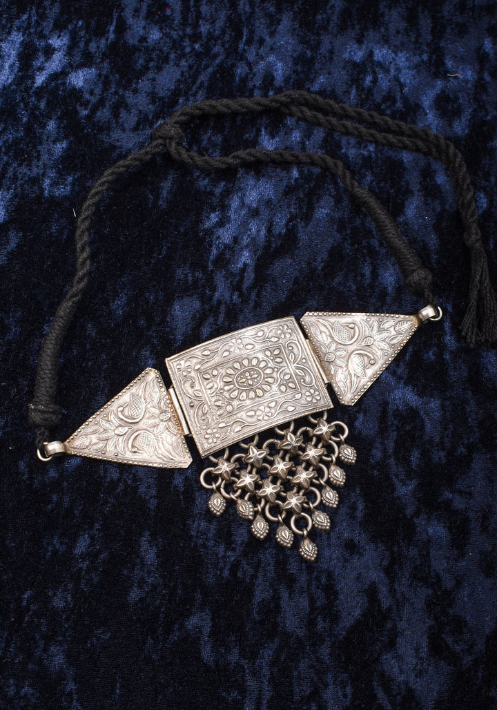 Antique Geometric Oxidised Choker Necklace in silver finish with Black Thread  | Shobitam Jewelry