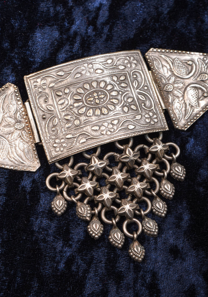 Antique Geometric Oxidised Choker Necklace in silver finish with Black Thread  | Shobitam Jewelry