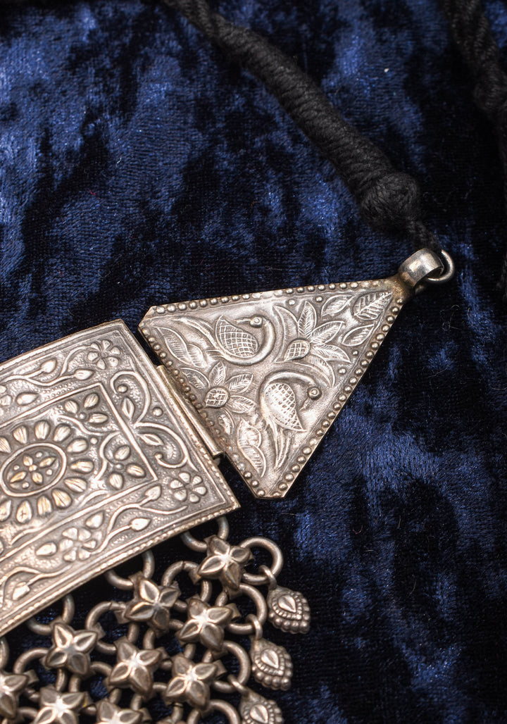 Antique Geometric Oxidised Choker Necklace in silver finish with Black Thread  | Shobitam Jewelry