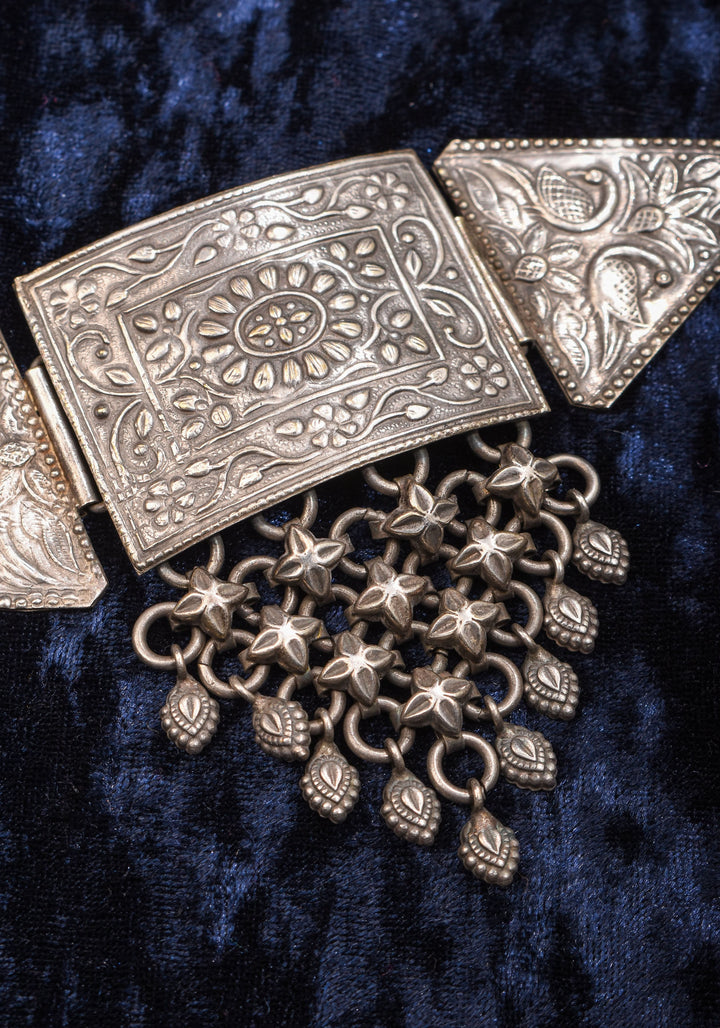 Antique Geometric Oxidised Choker Necklace in silver finish with Black Thread  | Shobitam Jewelry