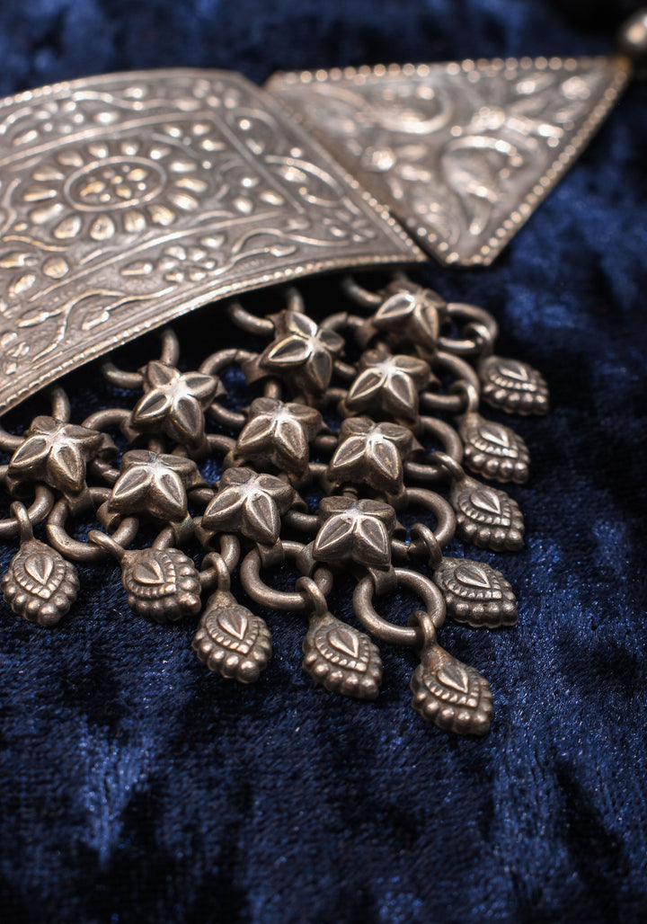 Antique Geometric Oxidised Choker Necklace in silver finish with Black Thread  | Shobitam Jewelry