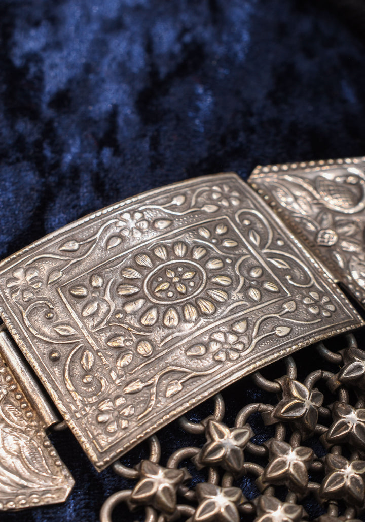 Antique Geometric Oxidised Choker Necklace in silver finish with Black Thread  | Shobitam Jewelry
