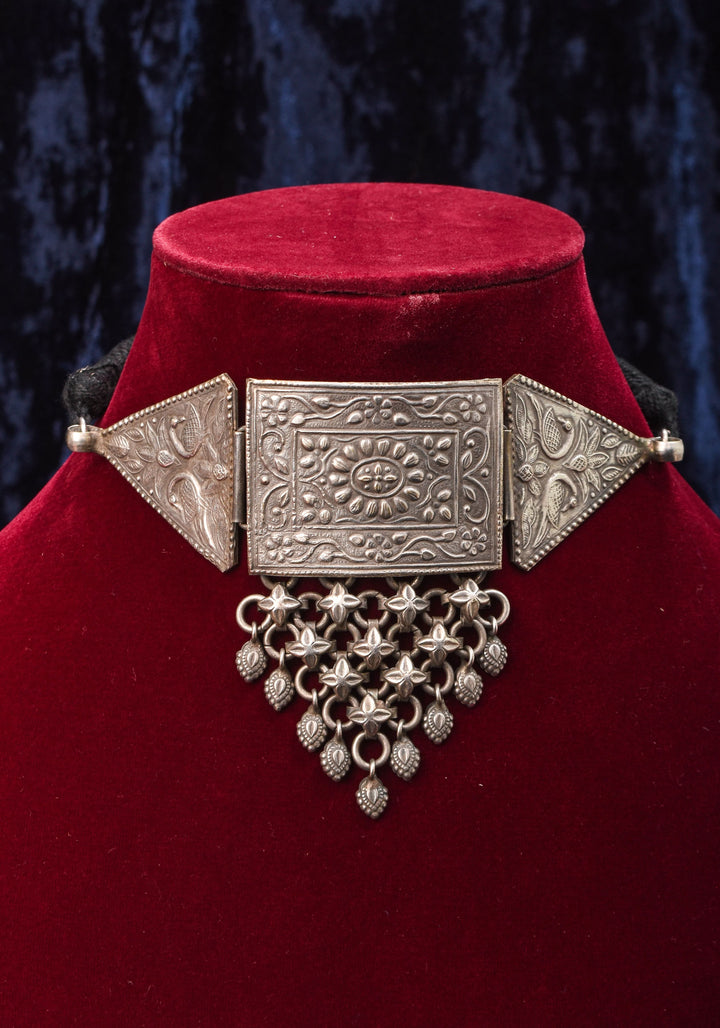 Antique Geometric Oxidised Choker Necklace in silver finish with Black Thread  | Shobitam Jewelry