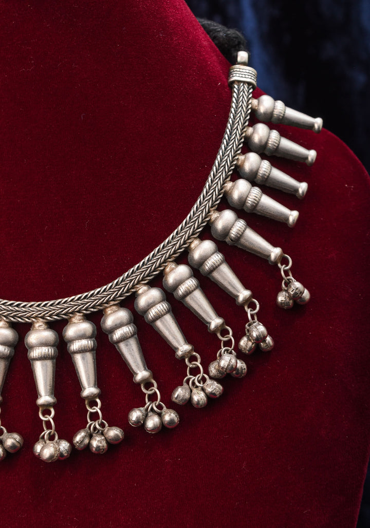 Replica Inspired Design Oxidised Choker Necklace in silver finish and dangling silver beads | Shobitam Jewelry