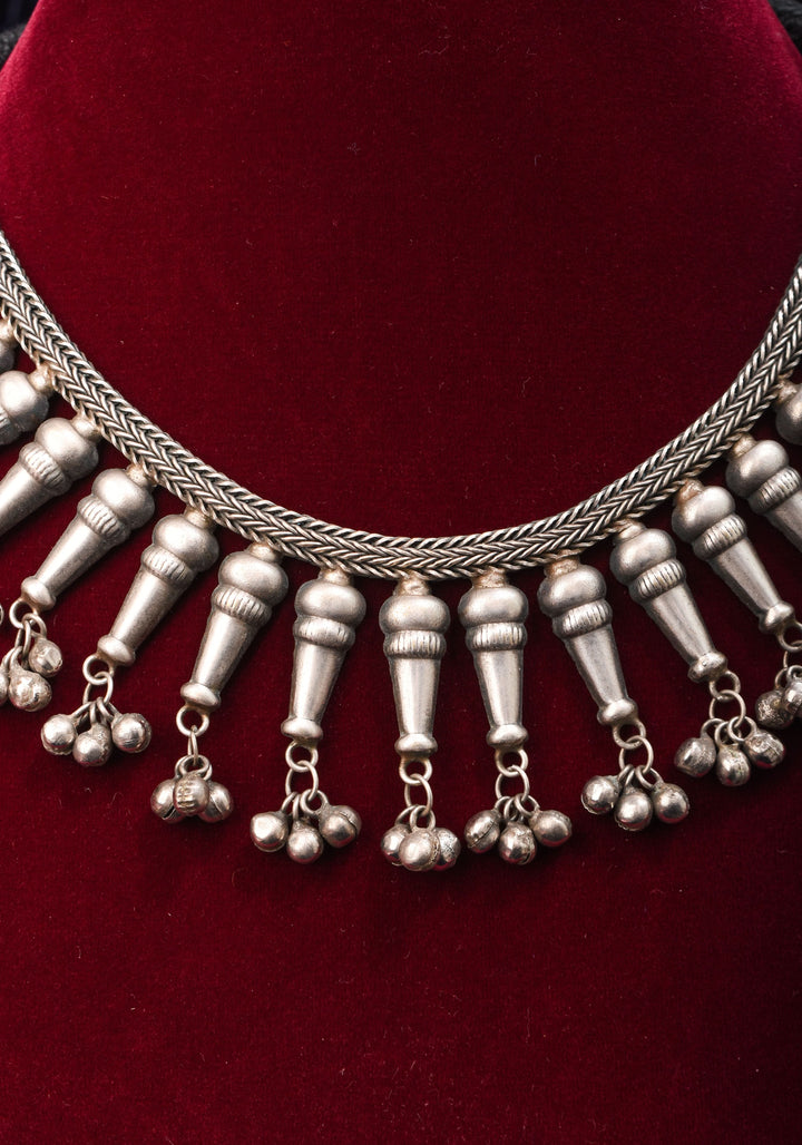 Replica Inspired Design Oxidised Choker Necklace in silver finish and dangling silver beads | Shobitam Jewelry