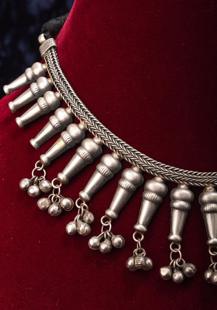 Replica Inspired Design Oxidised Choker Necklace in silver finish and dangling silver beads | Shobitam Jewelry