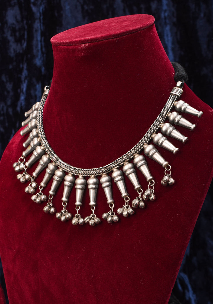 Replica Inspired Design Oxidised Choker Necklace in silver finish and dangling silver beads | Shobitam Jewelry