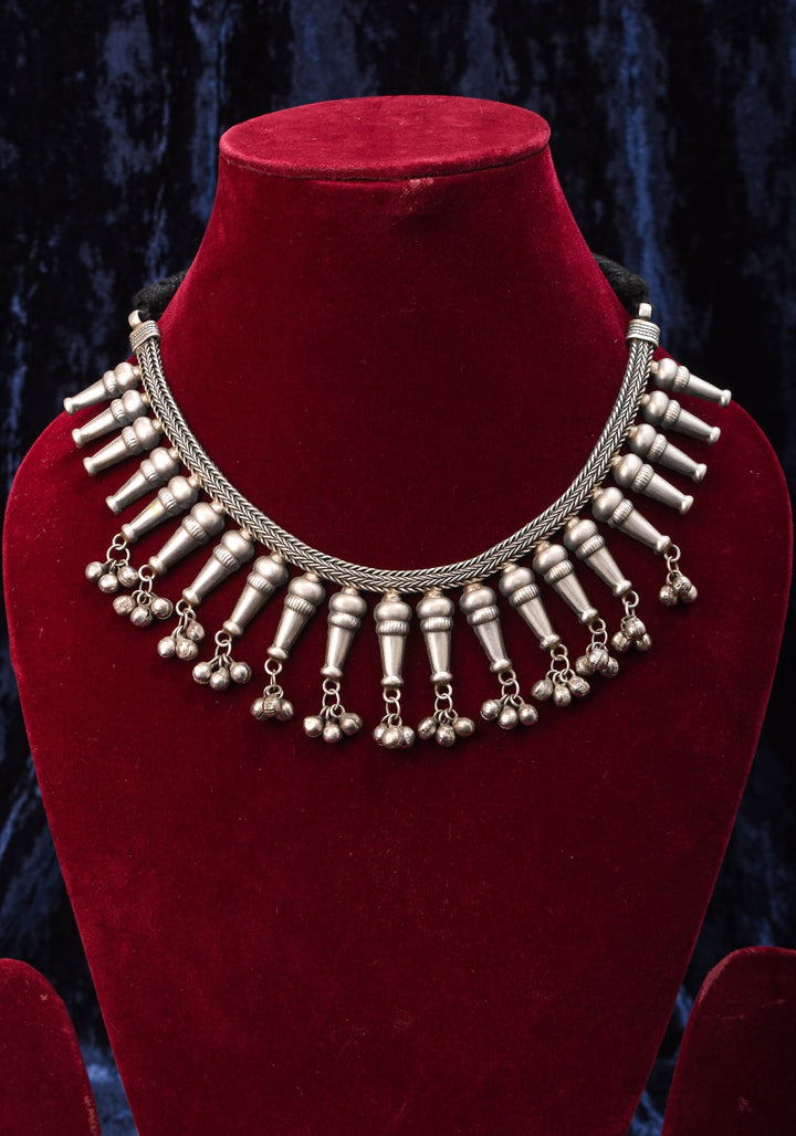 Replica Inspired Design Oxidised Choker Necklace in silver finish and dangling silver beads | Shobitam Jewelry